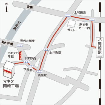 JR岡崎駅からマキタ岡崎工場までのルート図です
